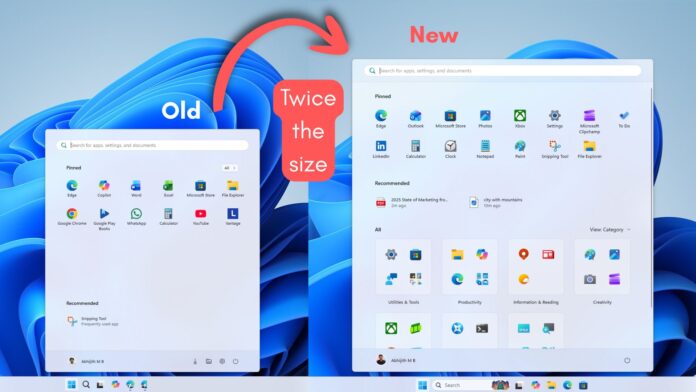 New Windows 11 Start menu is almost twice the size of old Windows 11 Start menu New Windows 11 Start menu is almost twice the size of old Windows 11 Start menu