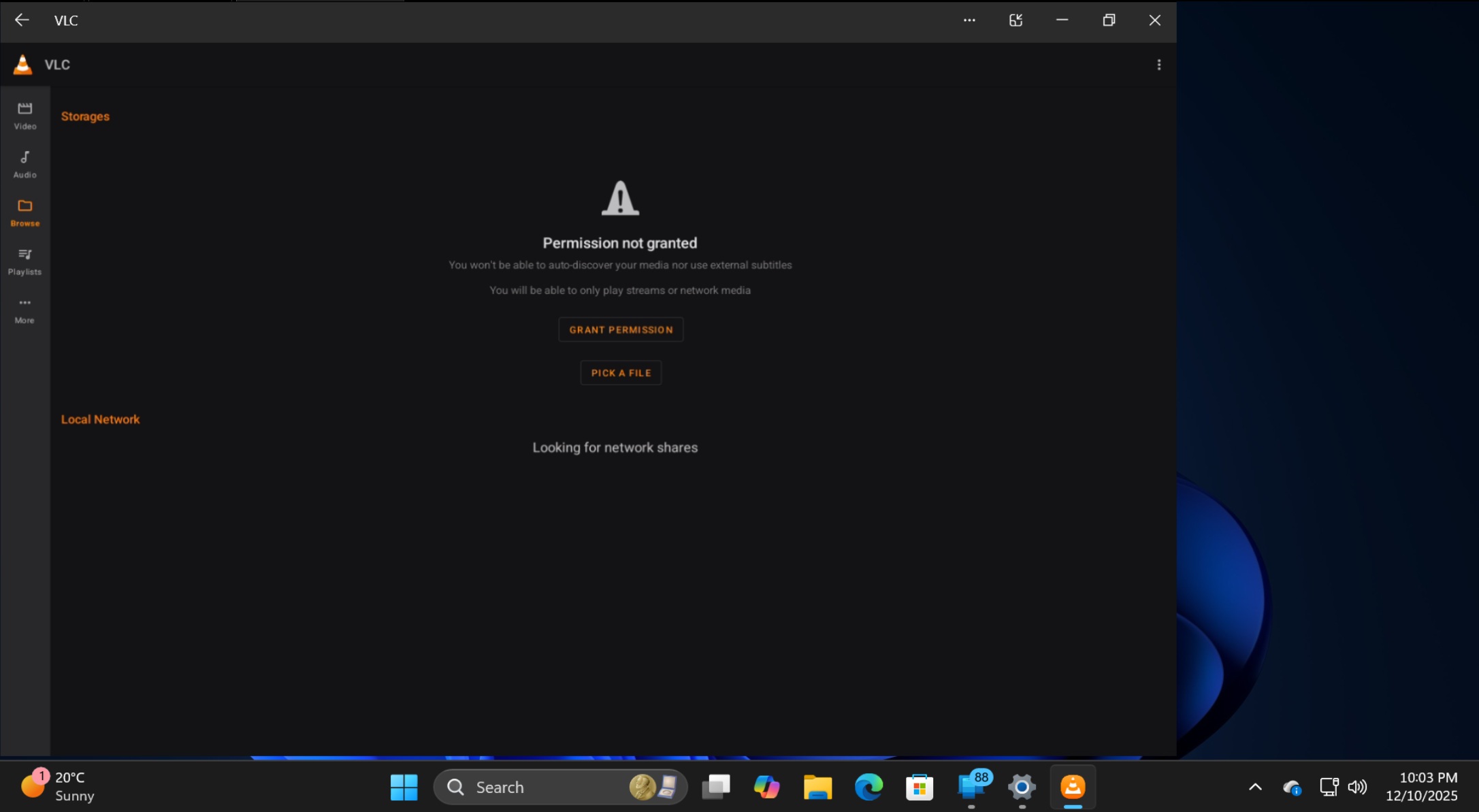vlc app in extended view mode phone link
