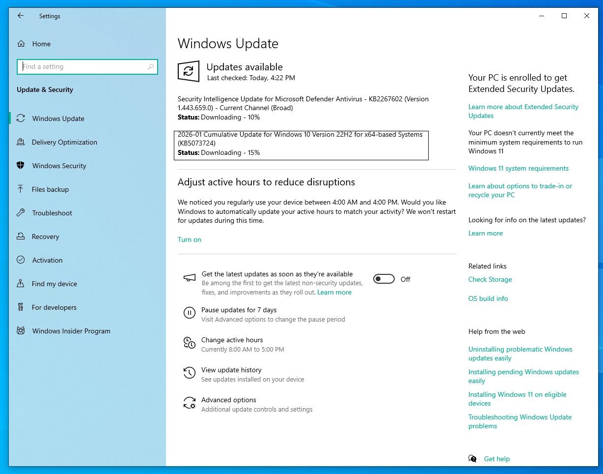 2026-01 Cumulative Update for Windows 10 Version 22H2 for x64-based Systems (KB5073724)