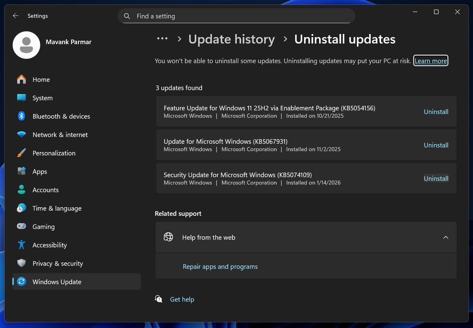 Remove KB5074109 Windows Update