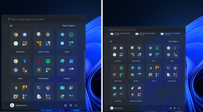 Start menu size in Windows 11