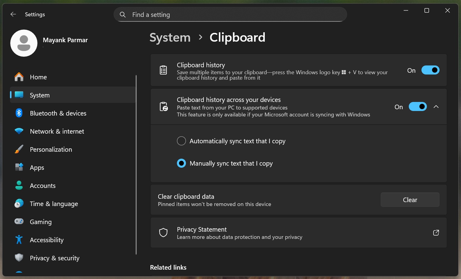 Windows 11 Clipboard Settings