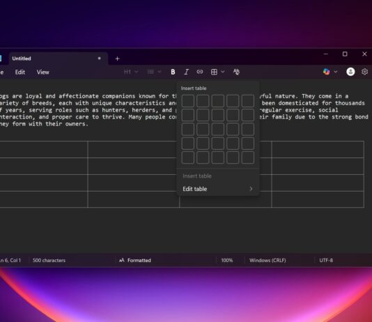 Windows 11 Notepad tables feature