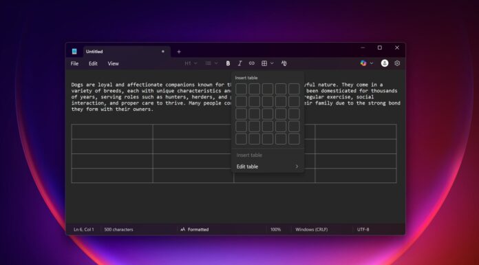 Windows 11 Notepad tables feature