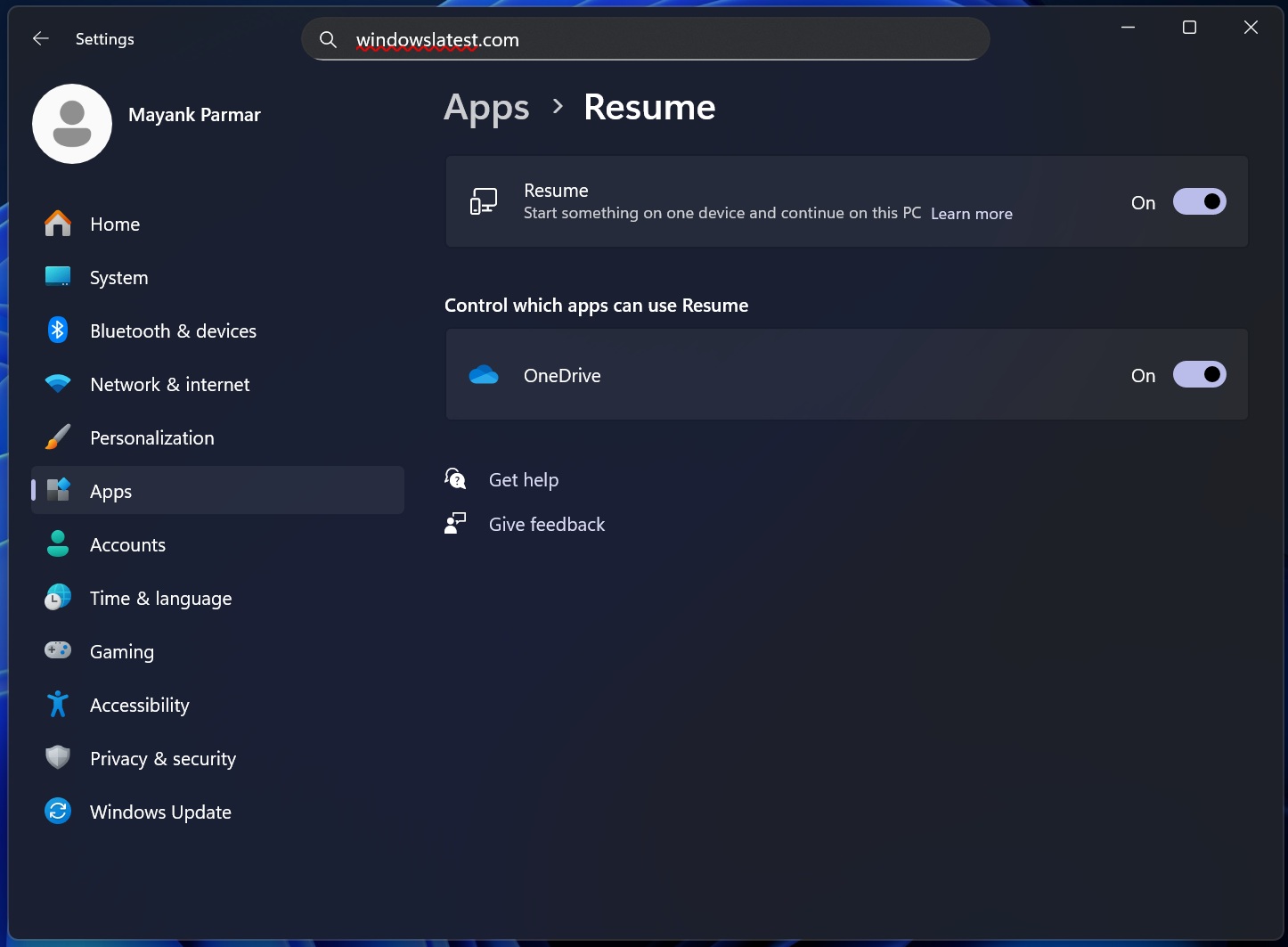 Windows 11 Resume feature in Settings