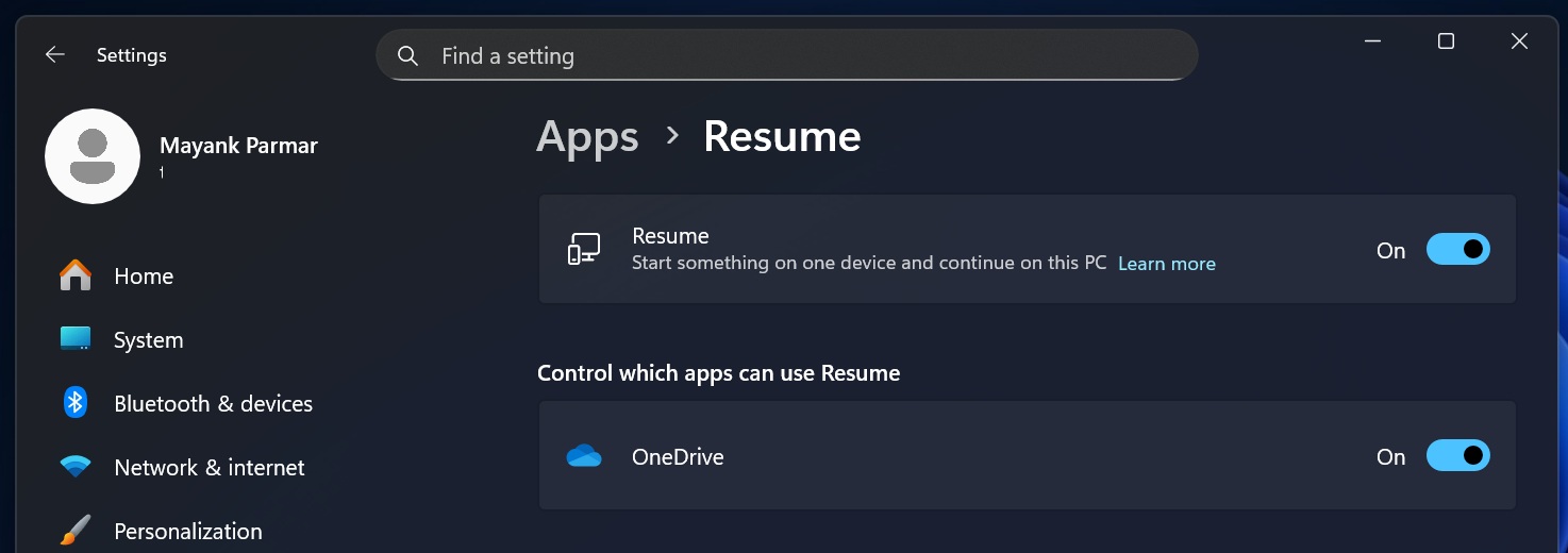 Windows 11 Resume feature toggle