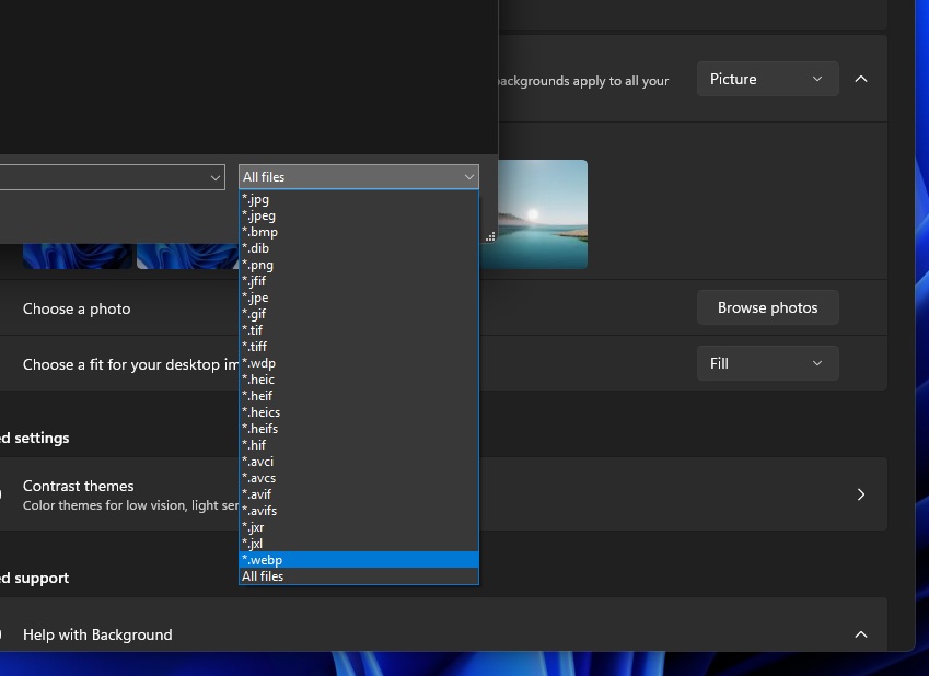 Windows 11 desktop background supported file format