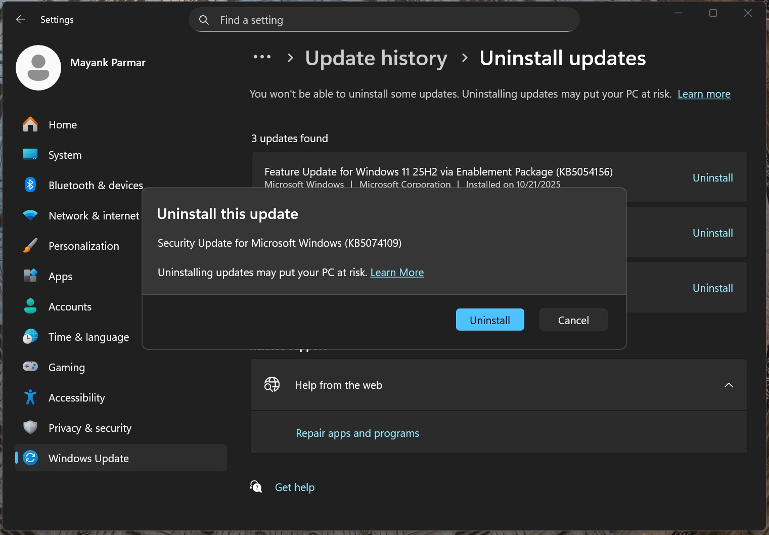 Windows Update uninstall dialog