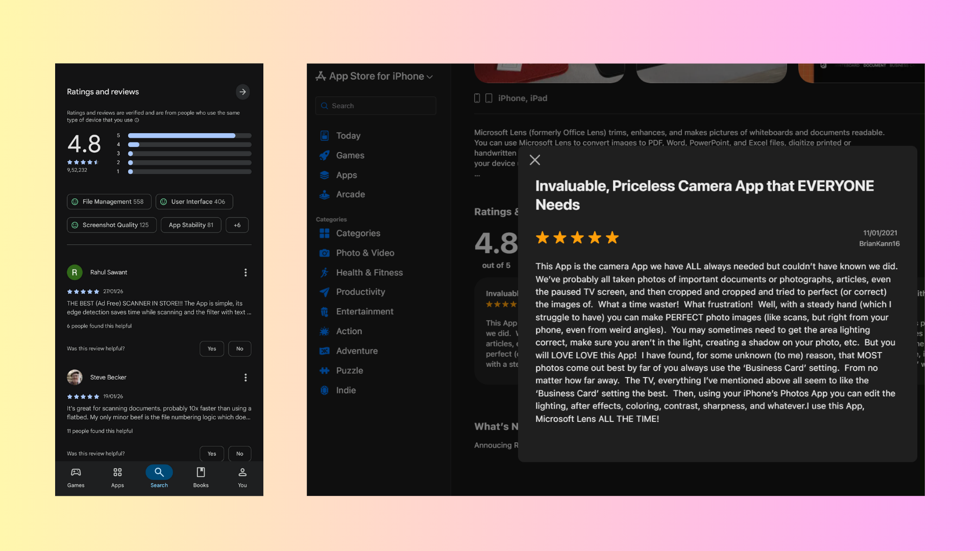 4.8 rating and reviews of Microsoft Lens in the Play Store and App store