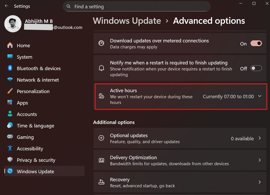 Active hours set automatically