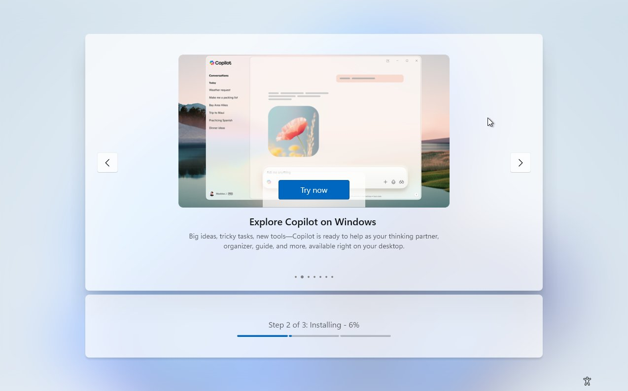 Button to try out Copilot in OOBE, while Windows is installing updates in the background
