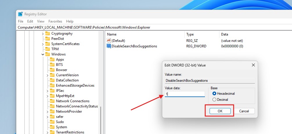 Change value of DisableSearchBoxSuggestions to 1