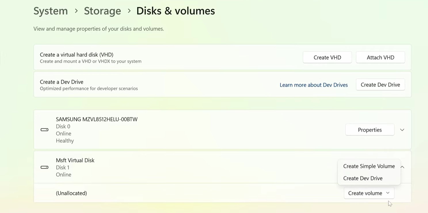 Chevron arrow for Create volume action