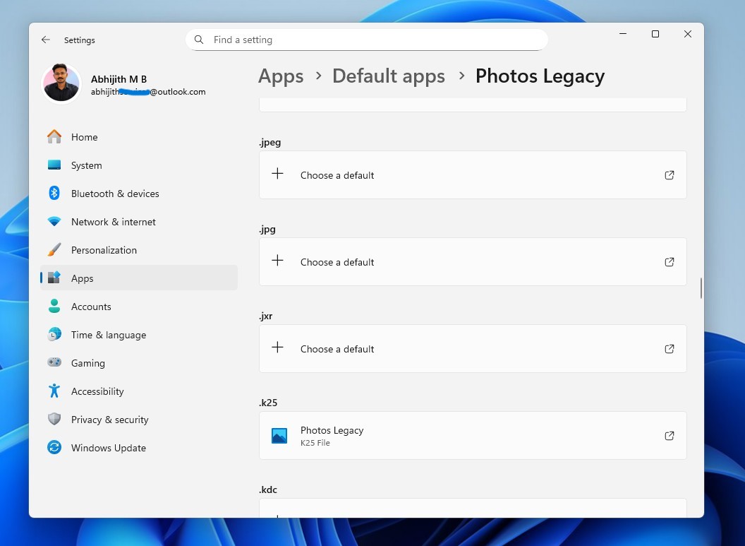 Choose a default option under Default apps for Photos Legacy