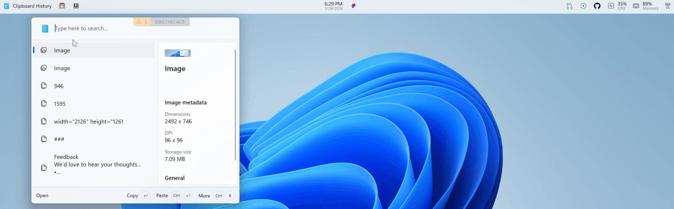 Clipboard via Windows 11 dock