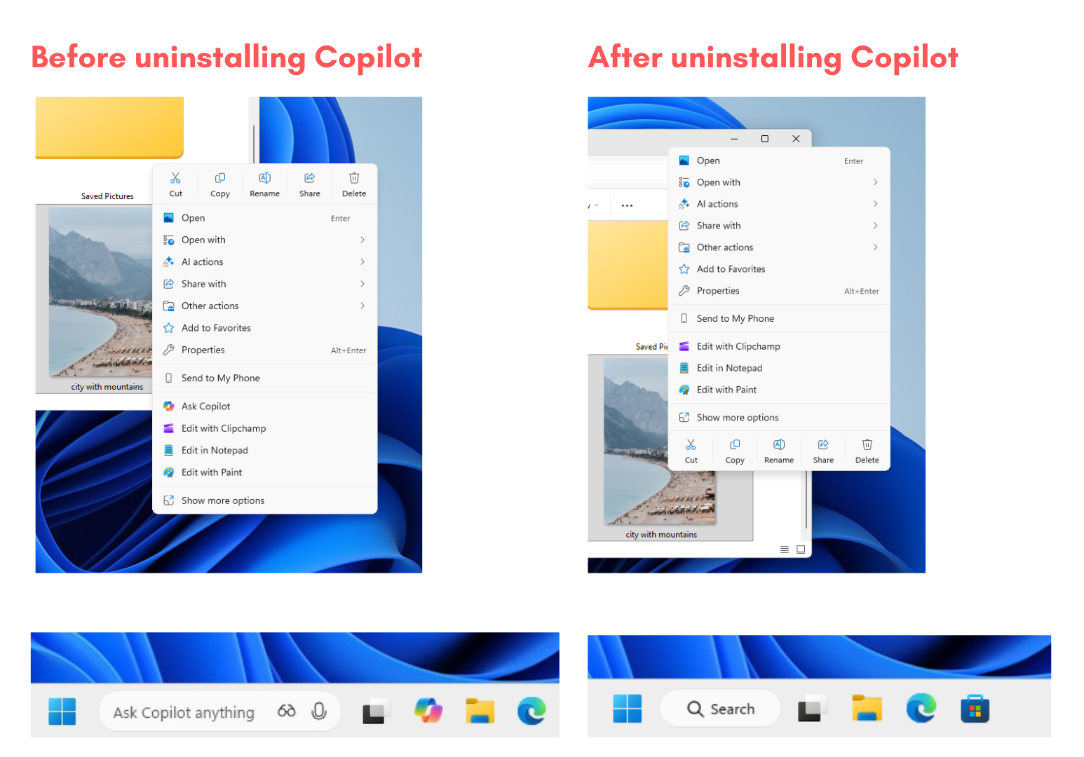 Context Menu in File Explorer and Taskbar before and after uninstalling Copilot