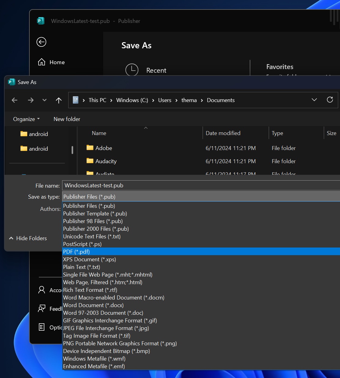 Convert .pub files to .pft in Windows 11