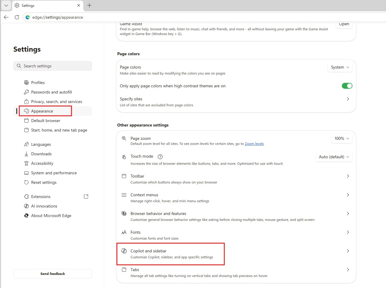 Copilot and sidebar settings in Edge browser