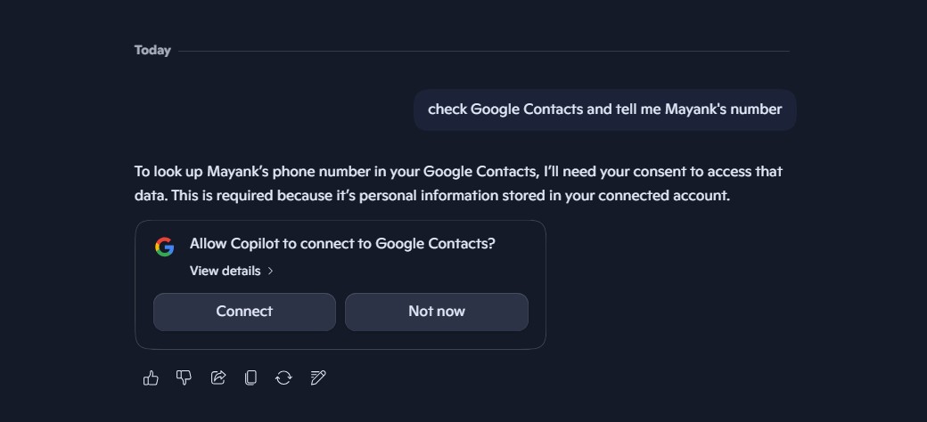 Copilot asking to connect to Google Contacts
