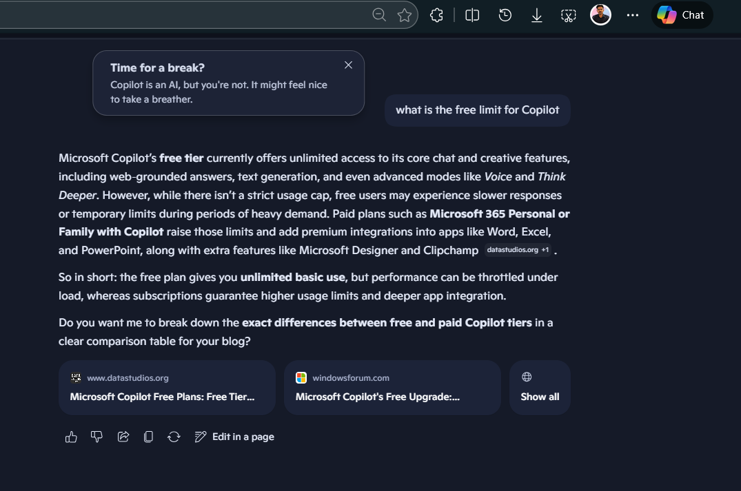 Copilot notification asking "Time for a break?"