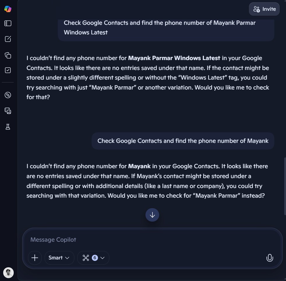 Copilot couldn't fetch the phone number of a contact that I already have in Google Contacts