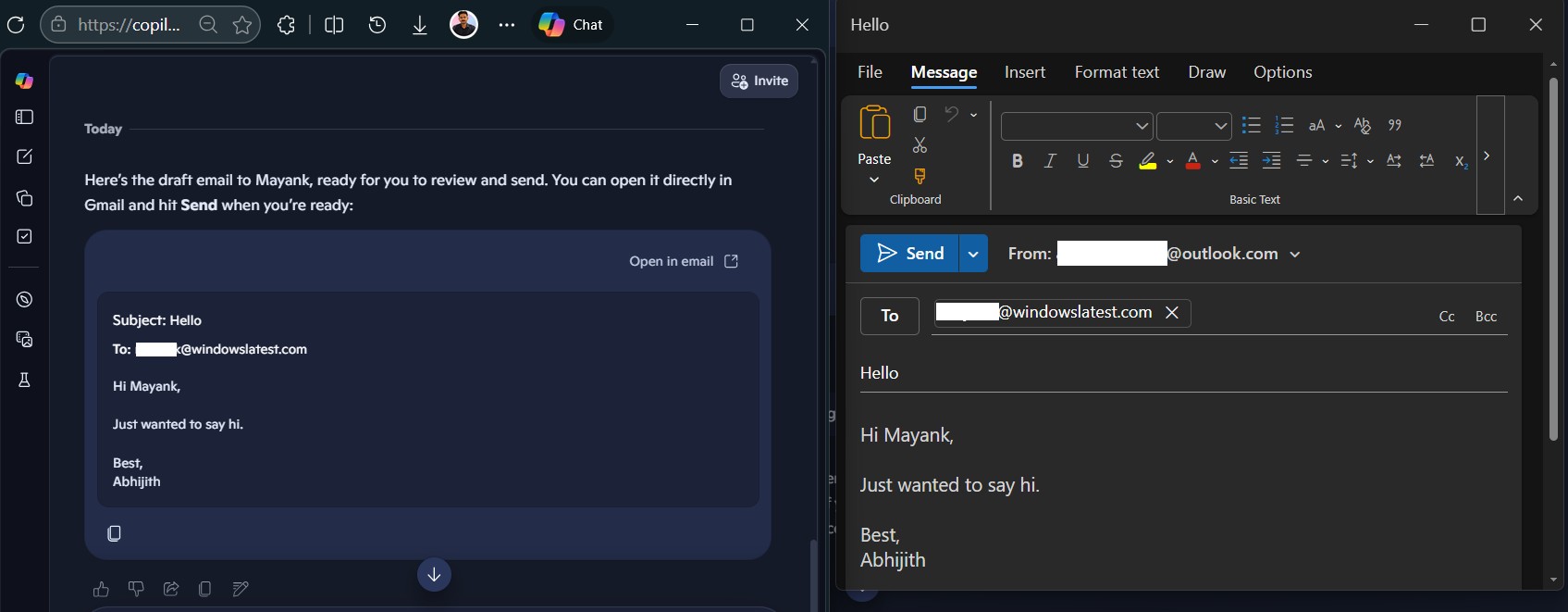 Copilot drafts an email and gives a direct link to open Outlook to send the email
