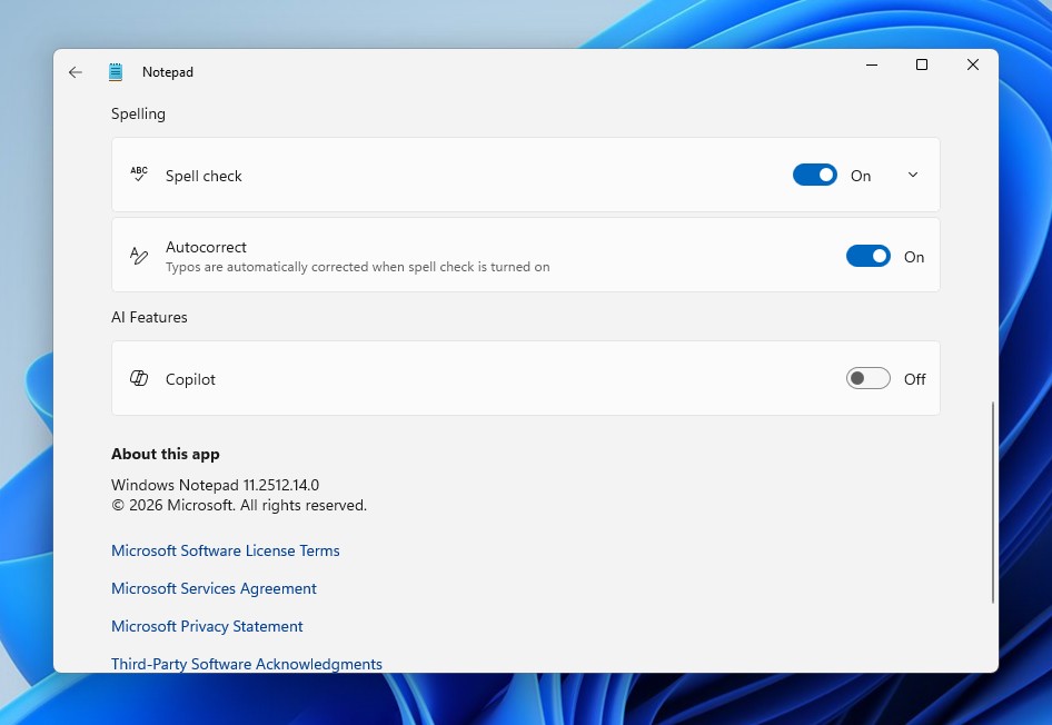 Copilot features turned off in Notepad