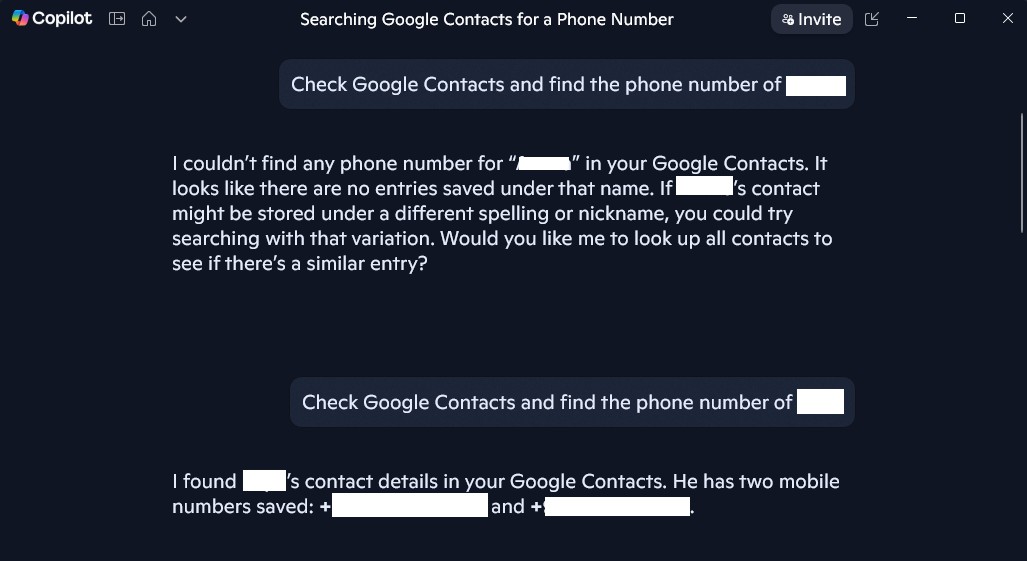 Copilot fetches phone numbers for some contacts but doesn't for others
