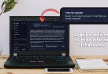 Copilot showing a notification that says "Time for a break? Copilot is an AI, but you're not. It might feel nice to take a breather."