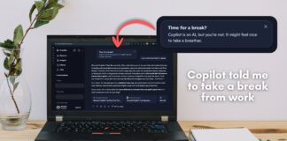Copilot showing a notification that says "Time for a break? Copilot is an AI, but you're not. It might feel nice to take a breather."