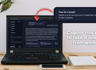 Copilot showing a notification that says "Time for a break? Copilot is an AI, but you're not. It might feel nice to take a breather."