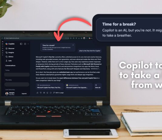 Copilot showing a notification that says "Time for a break? Copilot is an AI, but you're not. It might feel nice to take a breather."