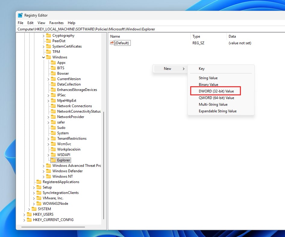 Create a new DWORD (32-bit) Value in Explorer