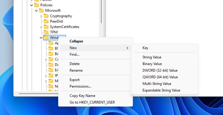 Create a new key in Windows