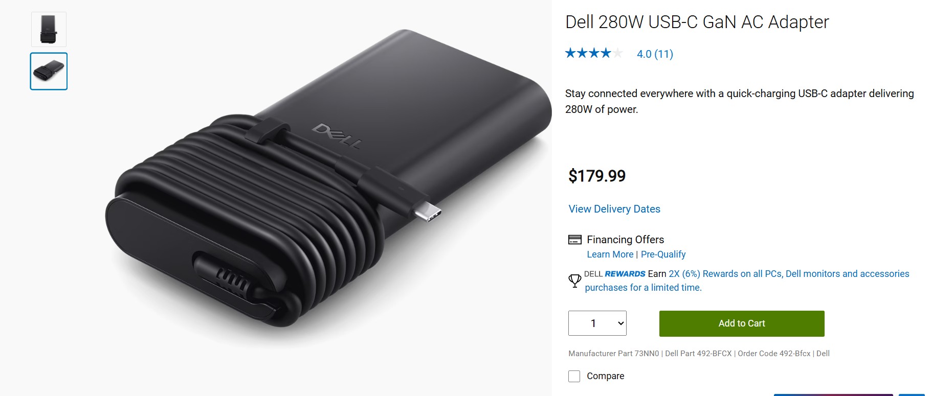 Adaptador de CA GaN USB-C de 280 W Dell
