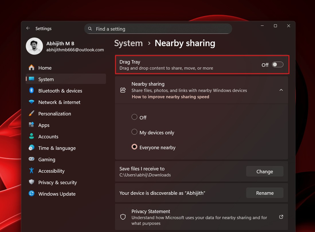 Disable Drag Tray sharing feature in Windows 11