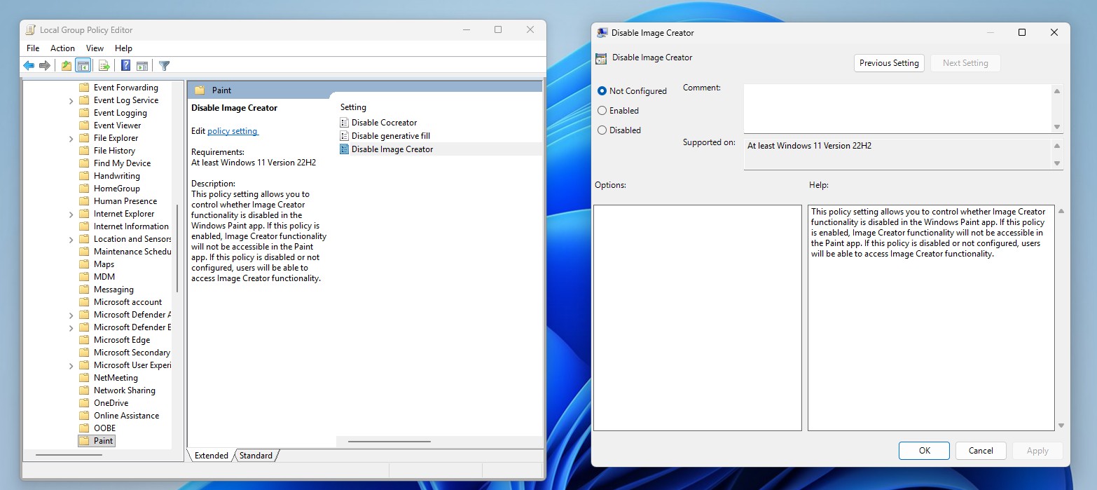 Disable Image Creator in Paint using Group Policy