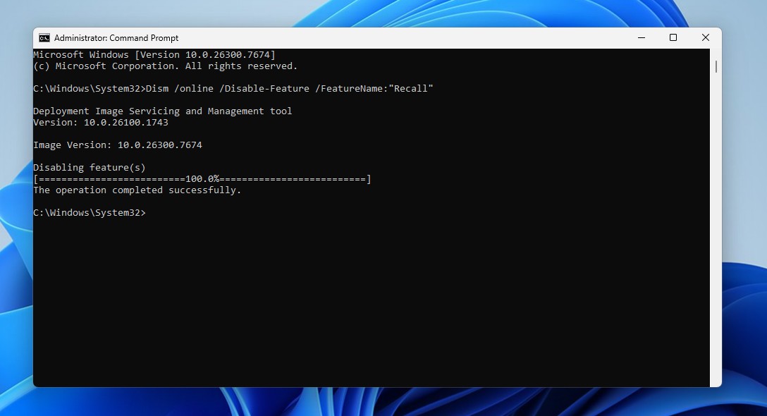 Disable Windows Recall using Command Prompt