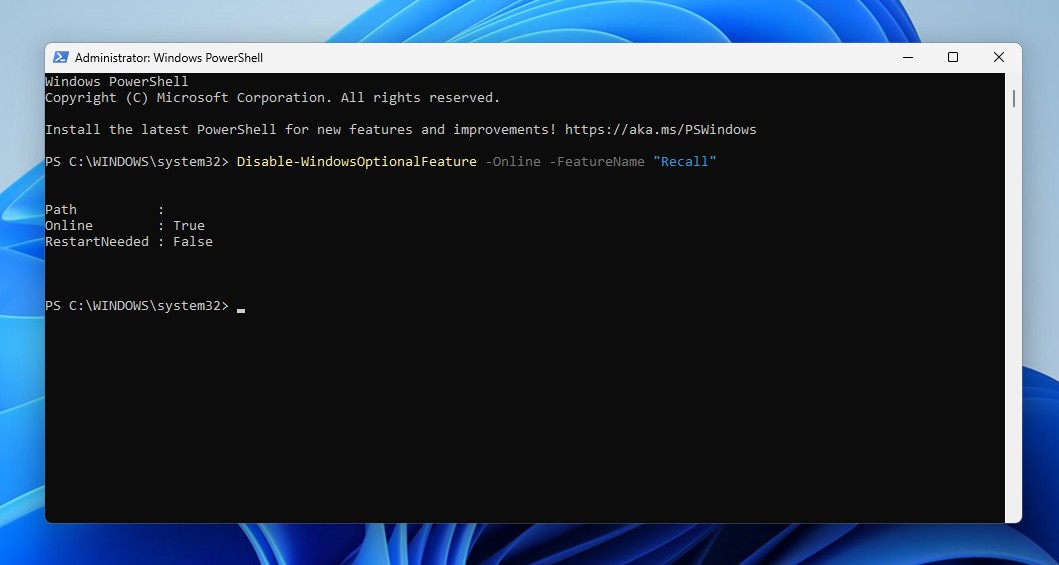 Disable Windows Recall using PowerShell