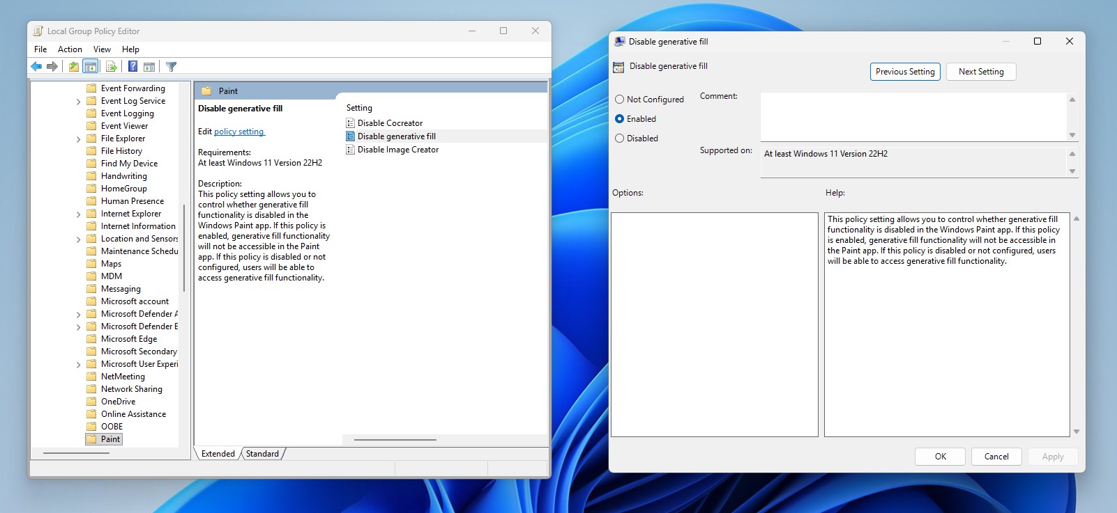 Disable generative fill in Paint using Group Policy