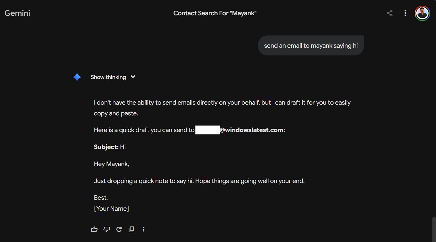Gemini doesn't offer a direct link to open Gmail to send an email