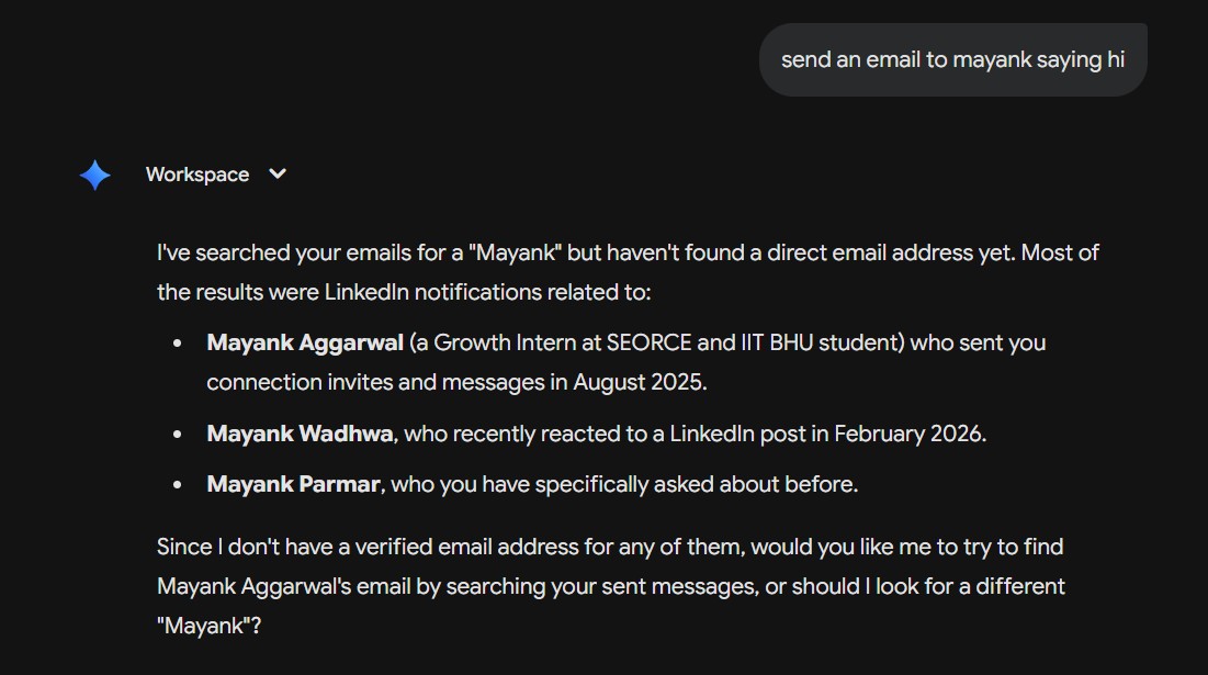 Gemini was unable to retrieve the email ID of a contact saved in Google Contacts