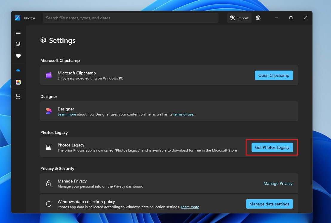Get Photos Legacy button in Photos app