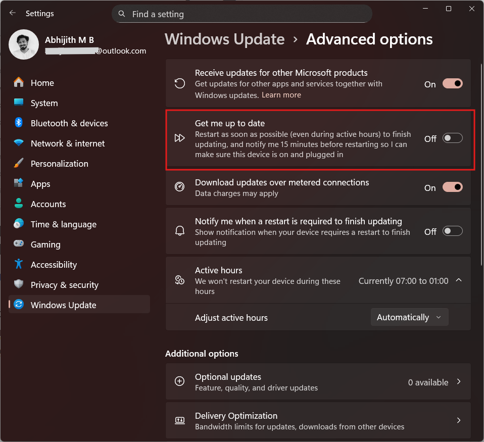 Get me up to date option in Windows 11 update page