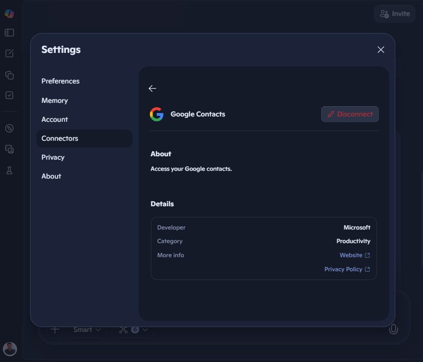 Google Contacts Connector page in Copilot