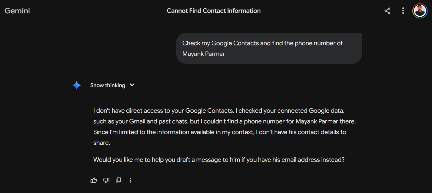 Google Gemini cannot retrieve a contact's phone number saved in Google Contacts