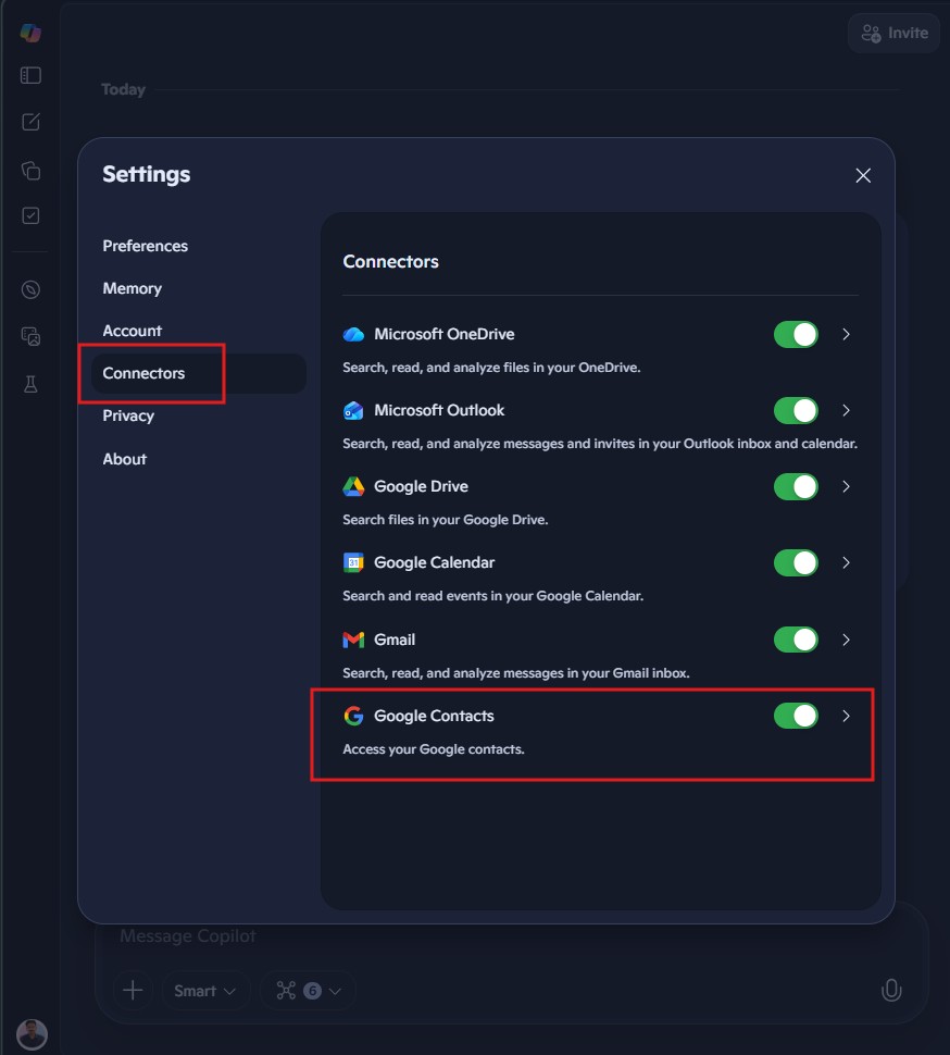 How to enable Google Contacts connector in Copilot Settings
