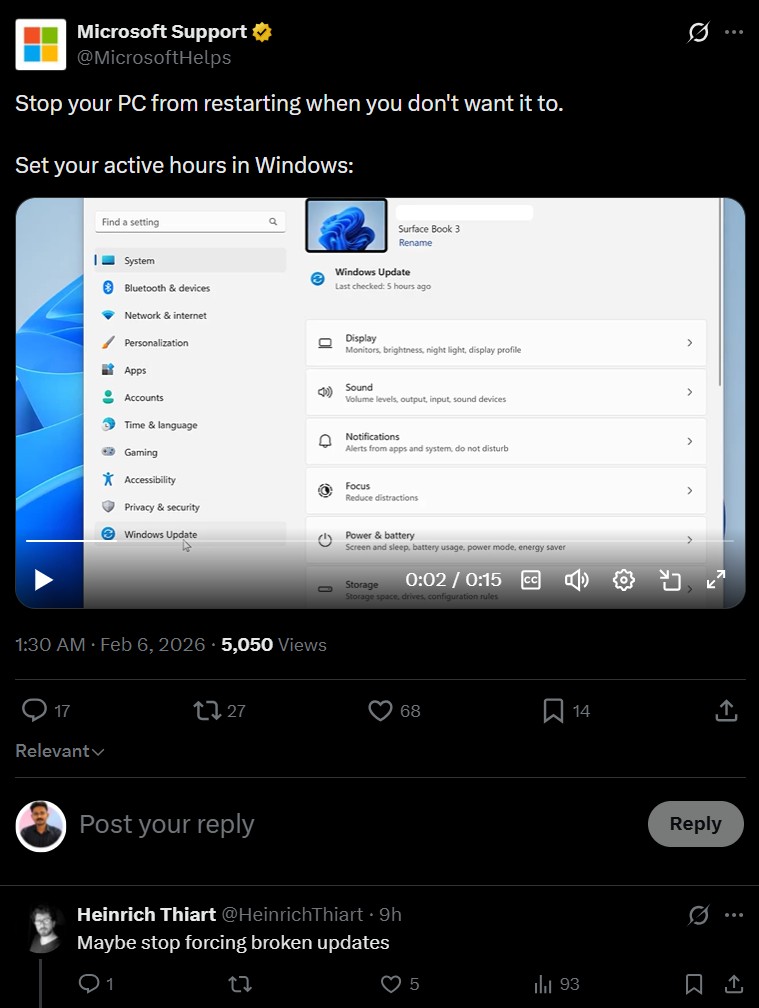 Microsoft Support post about setting active hours in Windows