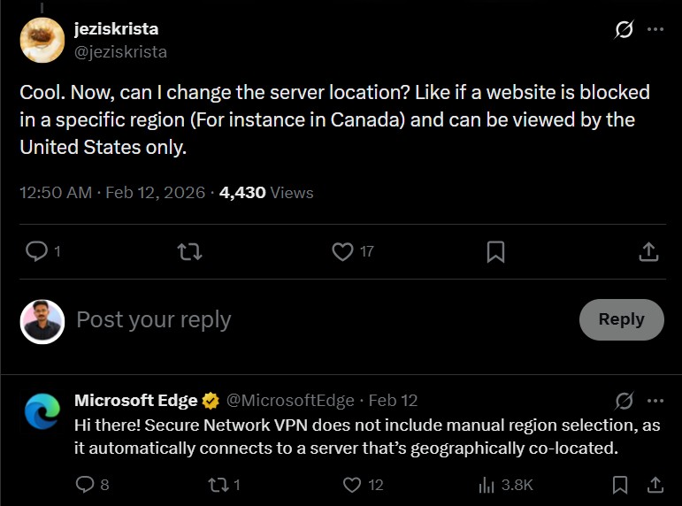 Microsoft's reply to a user asking if they can change the server location manually