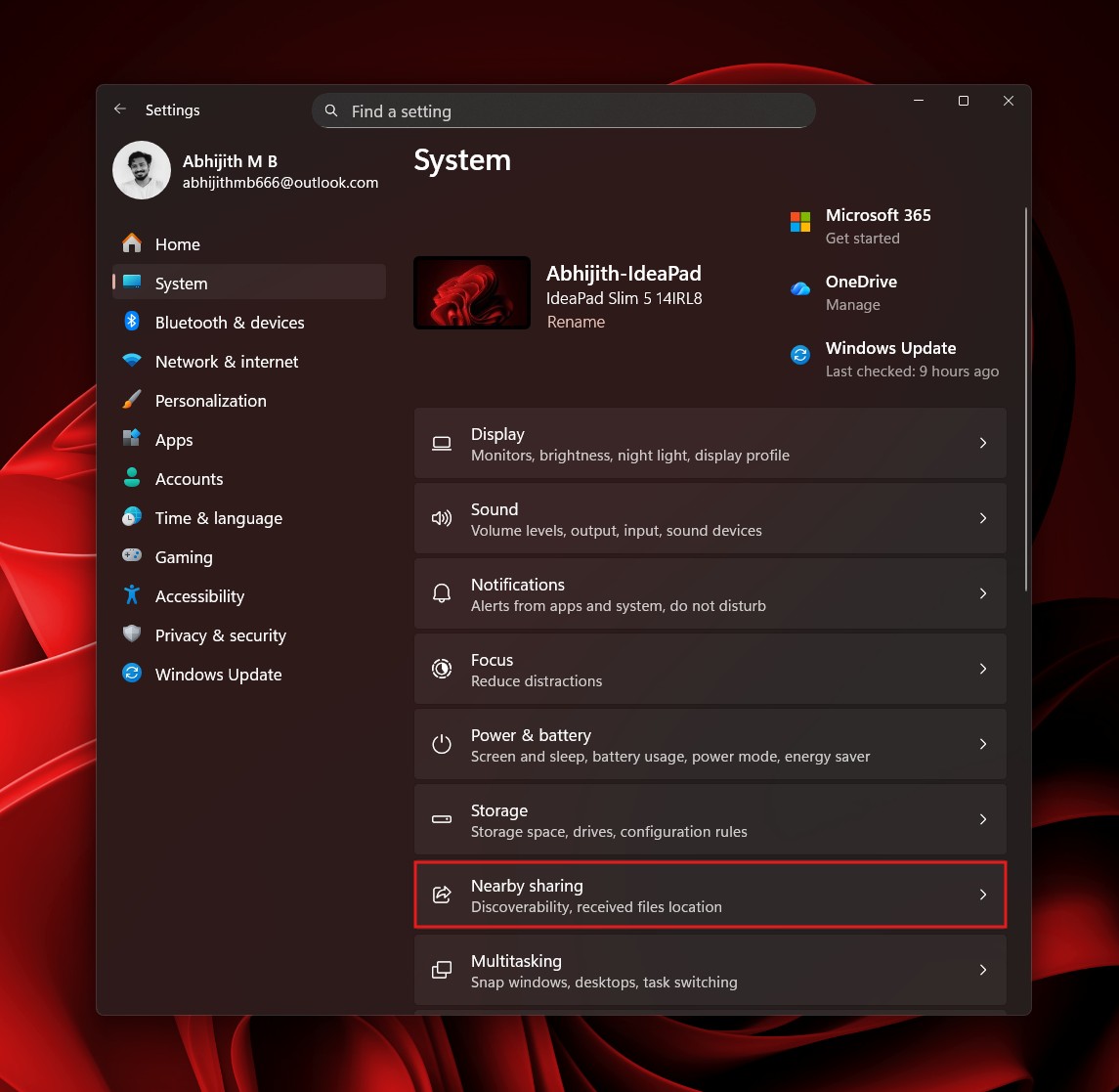 Nearby sharing in System Settings